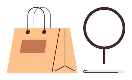 Paper shopping bag, magnifying glass, and pen symbolize commerce, search, product review, online shopping, consumer decision-making, branding and minimalism. Ideal for retail business researchのイラスト素材
