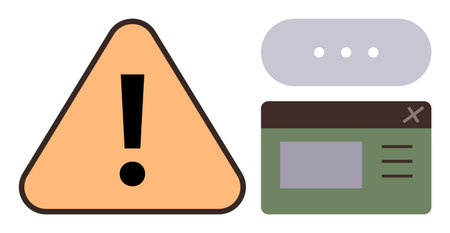 Exclamation mark in yellow triangle, ellipsis in gray bubble, and green browser window tab. Ideal...