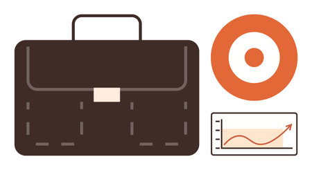 Brown briefcase, orange bullseye, and upward-trending graph symbolize business planning, goal setting, and financial growth. Ideal for success, strategy, goals, entrepreneurship progressのイラスト素材
