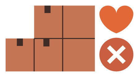 Four stacked brown shipping boxes next to a heart and a crossed-out circle. Ideal for delivery, logistics, choices, customer feedback, shipping preferences, supply chain, simple flat metaphorのイラスト素材