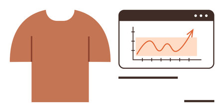 Brown t-shirt icon paired with a line graph displaying upward growth. Ideal for fashion business, e-commerce, sales, data analysis, retail strategies, trend forecasting, success. Simple flat metaphorのイラスト素材