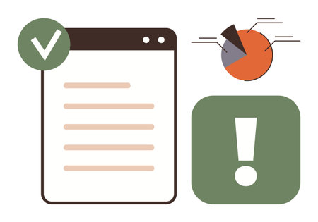 Checklist with a green checkmark, pie chart showing data distribution, and alert icon representing efficiency, monitoring, analysis, success, organization, productivity and feedback. Simple flatのイラスト素材