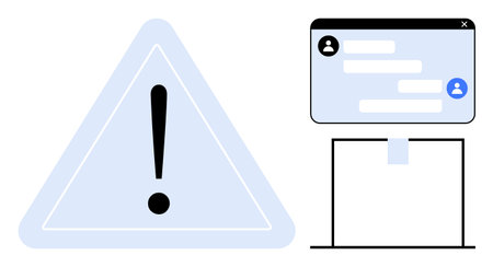 Exclamation mark inside warning triangle beside a message window on a stand. Ideal for communication, caution, tech issue, support, notification, message, simple landing pageのイラスト素材