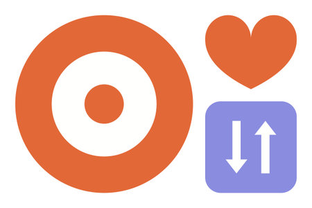 Target representing focus, heart suggesting passion, arrows for movement or exchange in a clean design. Ideal for success, goals, love, connection, teamwork innovation exchange. Simple flatのイラスト素材