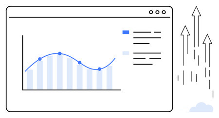 Data chart with line graph and bar chart highlights trends on a web interface, accompanied by upward arrows signifying growth. Ideal for analytics, growth, success, statistics, performance, strategyのイラスト素材