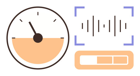 Circular gauge, sound wave visualization, and progress bar illustrate sound analysis, measurement, and audio processing. Ideal for technology, media, sound editing, efficiency data progress simpleのイラスト素材