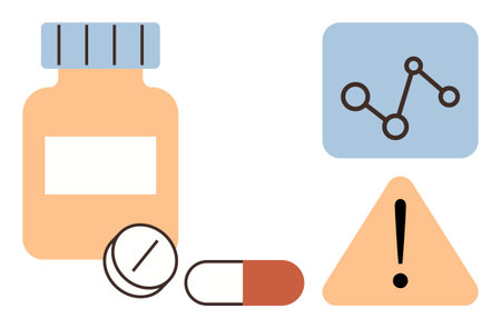 Medicine container, pills, exclamation triangle, and progress chart highlight drug safety, analysis, healthcare, decision-making, risk management and pharmaceutical development. Idealのイラスト素材