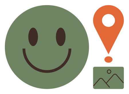 Green happy face alongside orange location marker and image symbol. Ideal for travel, positive...