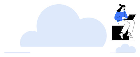 Woman using laptop while sitting atop a box beside large cloud graphic. Ideal for cloud computing, remote work, data storage, digital innovation, technology, productivity, simple flat metaphorのイラスト素材