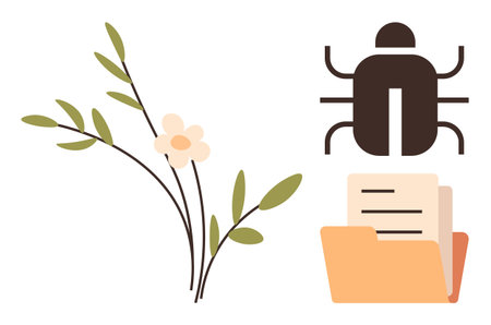 Flower branch beside a bug icon over a folder with documents, representing balance between nature and digital issues. Ideal for nature-tech, digital security, eco-awareness, data managementのイラスト素材