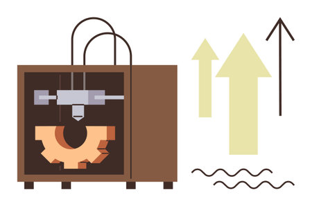 3D printer crafting an orange gear illustration with upward arrows and lines symbolizing innovation, technology, and growth. Ideal for tech, creativity, progress, manufacturing, automation, industryのイラスト素材