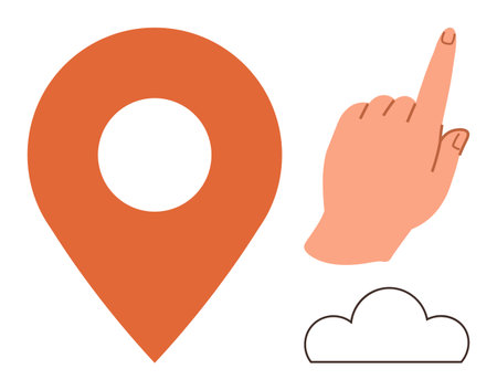 Orange geolocation pin, hand pointing upward, and outline of a cloud. Ideal for navigation, technology, digital interaction, location services, cloud computing, connectivity and user guidanceのイラスト素材