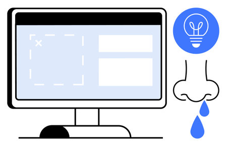 Computer screen with forms, blue light bulb symbolizing ideas, nose with droplets for allergy awareness. Ideal for innovation, technology, creativity, health, awareness campaigns, process designのイラスト素材