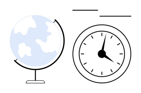 Globe and analog clock illustrate global connections, time management, and international collaboration. Ideal for business, travel, education, productivity, planning globalization teamwork. Aのイラスト素材
