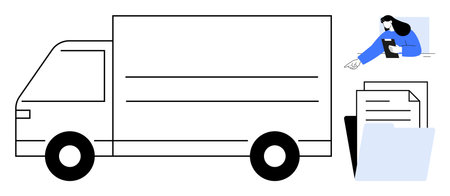 Large delivery truck with a workspace featuring documents, folders, and a worker using a mobile device. Ideal for logistics, shipping, delivery services, order processing, e-commerce, freightのイラスト素材