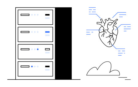Data servers paired with a human heart with connection lines, suggesting technology and health integration. Ideal for medicine, AI, big data, innovation, connectivity, research, and healthcareのイラスト素材