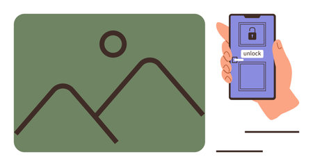 Hand holding smartphone unlocking a secure digital photo gallery. Ideal for technology, privacy, password, mobile access, security, data protection, online storage themes. Simple flat metaphorのイラスト素材