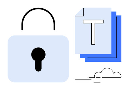 Closed lock beside stacked documents and cloud graphic, emphasizing data protection, digital storage, privacy, and safety. Ideal for cybersecurity, file sharing, privacy policies, data encryptionのイラスト素材