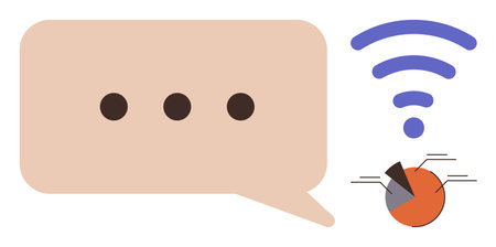 Chat bubble with ellipsis, wireless symbol, and pie chart demonstrating digital communication, online connectivity, and data analysis. Ideal for technology, networking, analytics, teamworkのイラスト素材