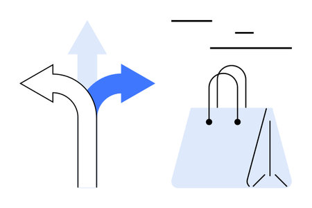 Three arrows signify decision-making. Blue shopping bag links with retail, consumer behavior, and e-commerce. Ideal for business strategy, navigation, choice analysis, marketing, retail trendsのイラスト素材