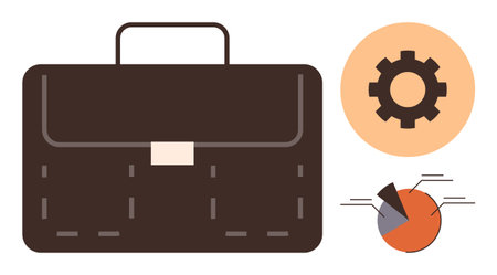 Brown briefcase alongside a gear and pie chart suggesting organization, productivity, and analysis. Ideal for business, management, strategy, planning, project workflow, career growth simple flatのイラスト素材