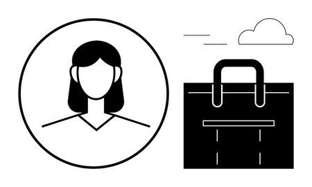 Womans profile icon inside a circle and bold shopping bag design, accompanied by minimalist cloud and wind. Ideal for e-commerce, retail, consumer, shopping, branding, marketing, lifestyle simpleのイラスト素材