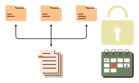 Folder structure connecting documents, secured with a lock icon, accompanied by a calendar. Ideal for organization, data security, planning, workflow optimization, scheduling, administrative systemsのイラスト素材