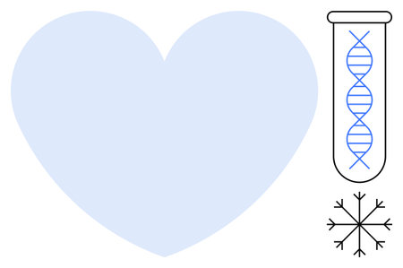 DNA helix in test tube next to snowflake and blue heart Ideal for biotechnology, genetic research, medicine, cryopreservation, innovation, health, life sciences simple flat metaphorのイラスト素材