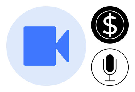 Blue video camera inside a circle, black dollar sign, and microphone symbols. Ideal for technology, communication, business, finance, recording, digital tools simple landing pageのイラスト素材