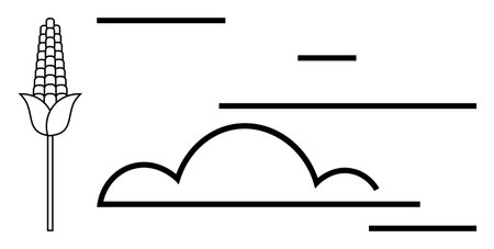 Corn stalk next to minimal cloud outline and horizontal lines suggesting movement or wind. Ideal for agriculture, nature, farming, minimal art, eco-friendly concepts, sustainability, simple landingのイラスト素材
