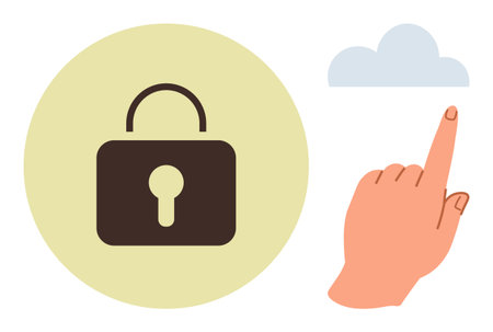 Hand pointing at cloud with lock symbol nearby conveys data security, cloud access, privacy,...