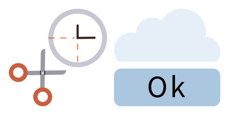 Scissors cutting part of a clock, cloud illustration, and OK button. Ideal for time management, cloud computing, project approval, efficiency, task optimization workflow and productivity. Simpleのイラスト素材