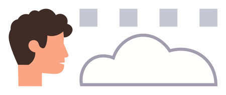 Profile of a person facing cloud with square elements above, symbolizing ideas, data storage, thoughts, and networking. Ideal for creativity, innovation, data, cloud computing connectivityのイラスト素材