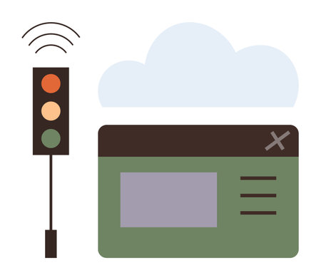 Traffic light and cloud connectivity with a digital interface. Ideal for technology, automation, smart city, IoT, AI integration, urban planning, networking, simple flat metaphorのイラスト素材