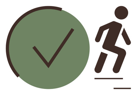 Human figure stepping forward alongside a green checkmark, symbolizing progress, success, and achievement. Ideal for productivity, motivation, goals, approval, effort process and aspirationのイラスト素材
