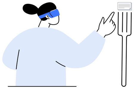 Woman wearing AR headset pointing at digital elements with futuristic tools. Ideal for innovation, virtual reality, augmented reality, digital interaction, futuristic technology, smart devicesのイラスト素材