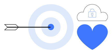 Arrow hitting bullseye of a target alongside cloud with lock icon and heart shape. Ideal for success, focus, cybersecurity, love, motivation, protection, simple landing pageのイラスト素材