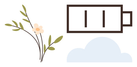Floral branch with pastel leaves and flower, cloud, and battery icon. Ideal for sustainability, energy conservation, eco-friendly living, environment, renewable energy, clean future simple flatのイラスト素材