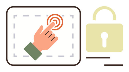 Hand interacting with touchscreen surrounded by dashed border beside padlock icon, illustrating...
