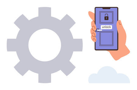 Hand holding a smartphone displaying an unlocking feature, a gear symbolizing settings or technology, and a cloud icon. Ideal for technology, security, cloud computing, innovation, developmentのイラスト素材