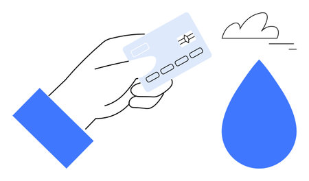 Hand holding a credit card next to a blue water drop and a stylized cloud. Ideal for themes thumbs up payment, sustainability, water conservation, eco-friendly concepts, digital transactionsのイラスト素材