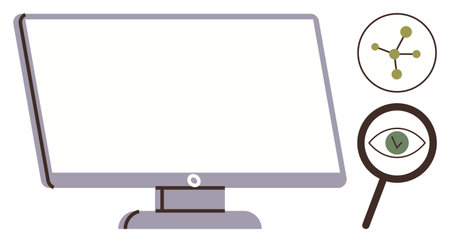 Desktop monitor with blank screen, circular network nodes, magnifying glass focusing on an eye icon. Ideal for technology, analysis, research, connectivity, visualization, observation digital ideasのイラスト素材