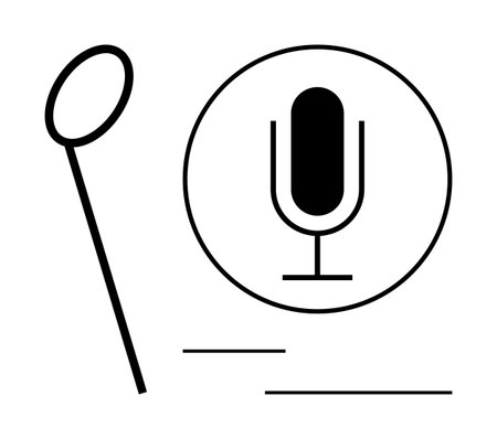 Minimalist microphone inside a circle with speech line art. Ideal for podcasting, voice recording, communication, broadcasting, media, digital audio, simple landing pageのイラスト素材
