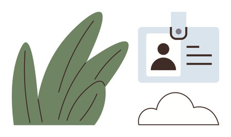 ID badge with a profile icon and text details alongside stylized green leaves and a minimalistic cloud. Ideal for identity, security, nature, technology, eco-business, sustainability, onlineのイラスト素材