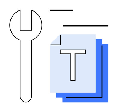 Simple wrench outline near overlapping documents with a T sign. Represents repair, tools, text customization, file management, content editing, digital tools, ideal for a simple landing pageのイラスト素材
