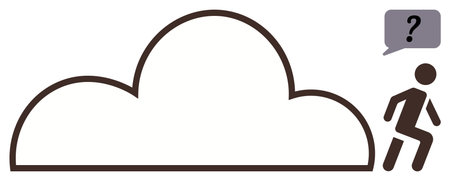 Individual stepping out of a cloud shape, speech bubble with question mark indicates doubt. Ideal for technology, decision-making, internet, innovation, communication, cloud services, adaptabilityのイラスト素材