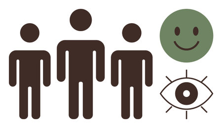 Three brown human figures standing side by side, green happy face symbolizing happiness, and eye...