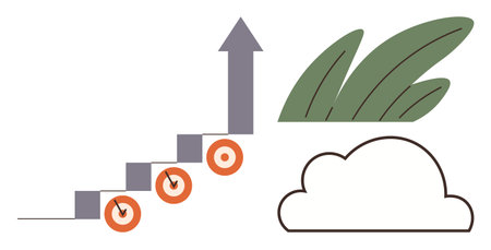 Growth arrow climbing steps marked by targets, paired with a cloud and green leaves symbolizing sustainability, success, innovation. Ideal for business, progress, eco-action, nature, achievementのイラスト素材