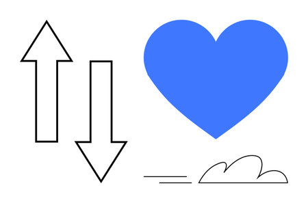 Blue heart with arrows up and down symbolizes decision, change, or emotion. Minimal lines and cloud suggest motion or fluidity. Ideal for innovation, growth, love, balance, change emotionalのイラスト素材