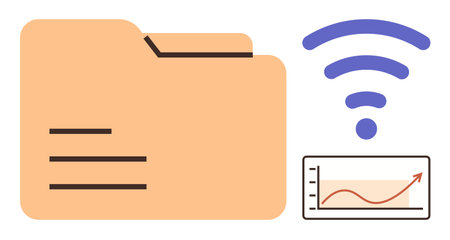 File folder alongside wireless signal and upward-trending data chart. Ideal for networking, file sharing, connectivity, technology, data management, cloud storage, wireless transfer. Simple flatのイラスト素材
